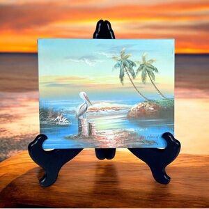 M Harry Signed Orig Oil Painting Pelican Tropical Sunset Coastal Seascape 8x10